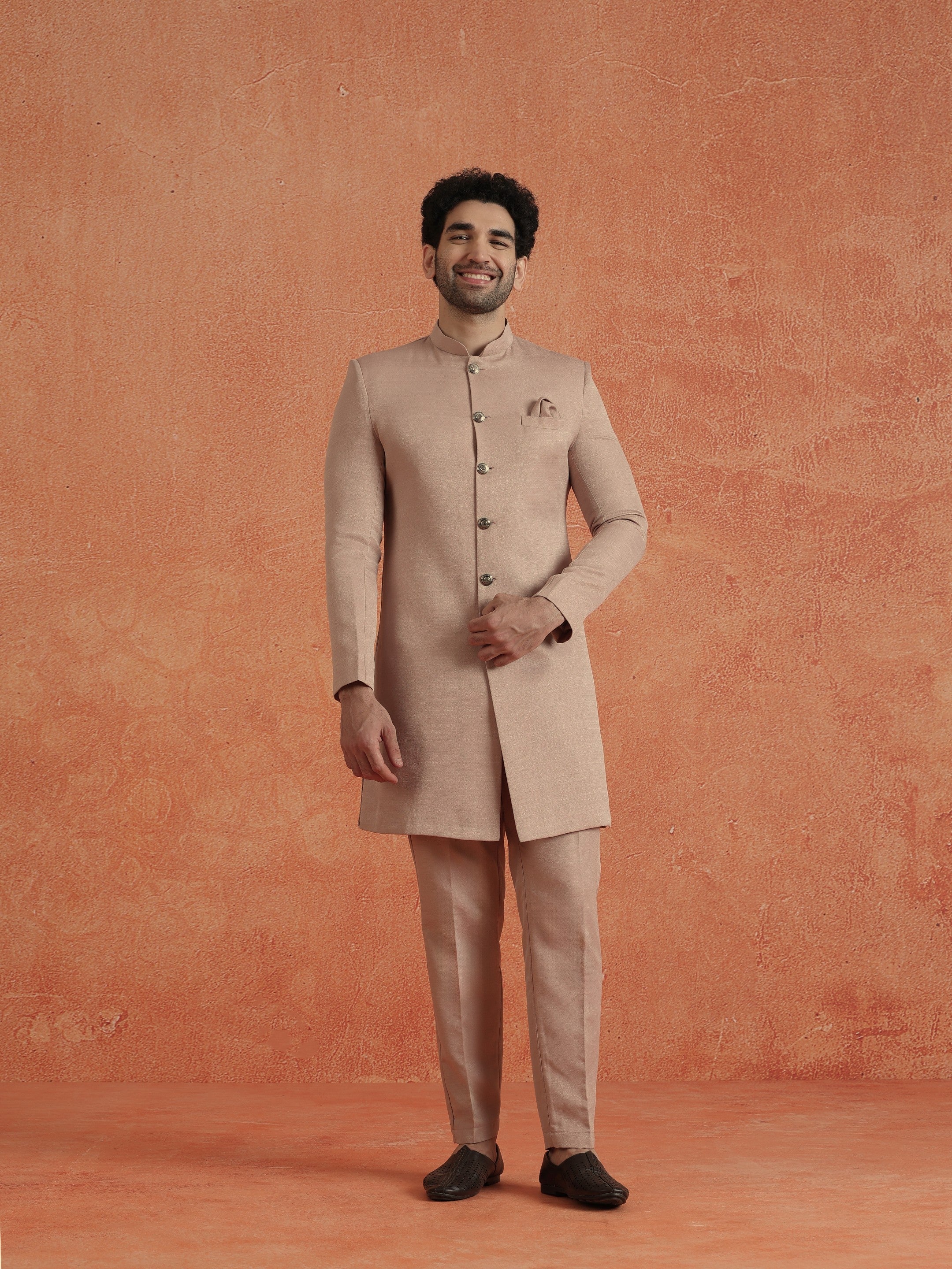 Blush Pink Polyviscose Solid Sherwani Trouser Set