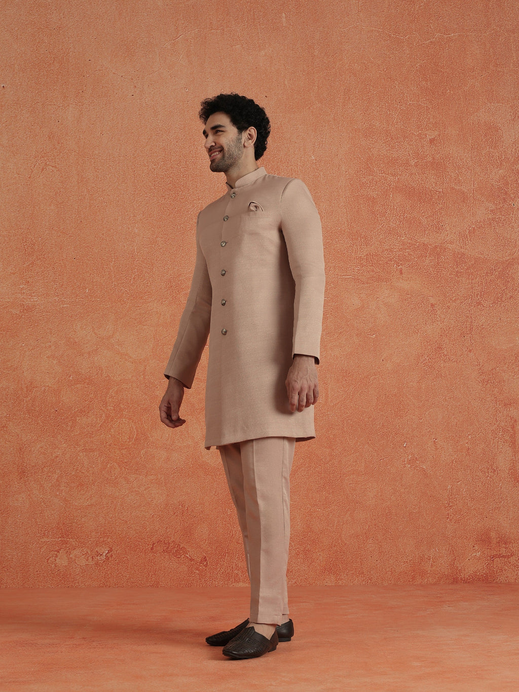 Blush Pink Polyviscose Solid Sherwani Trouser Set