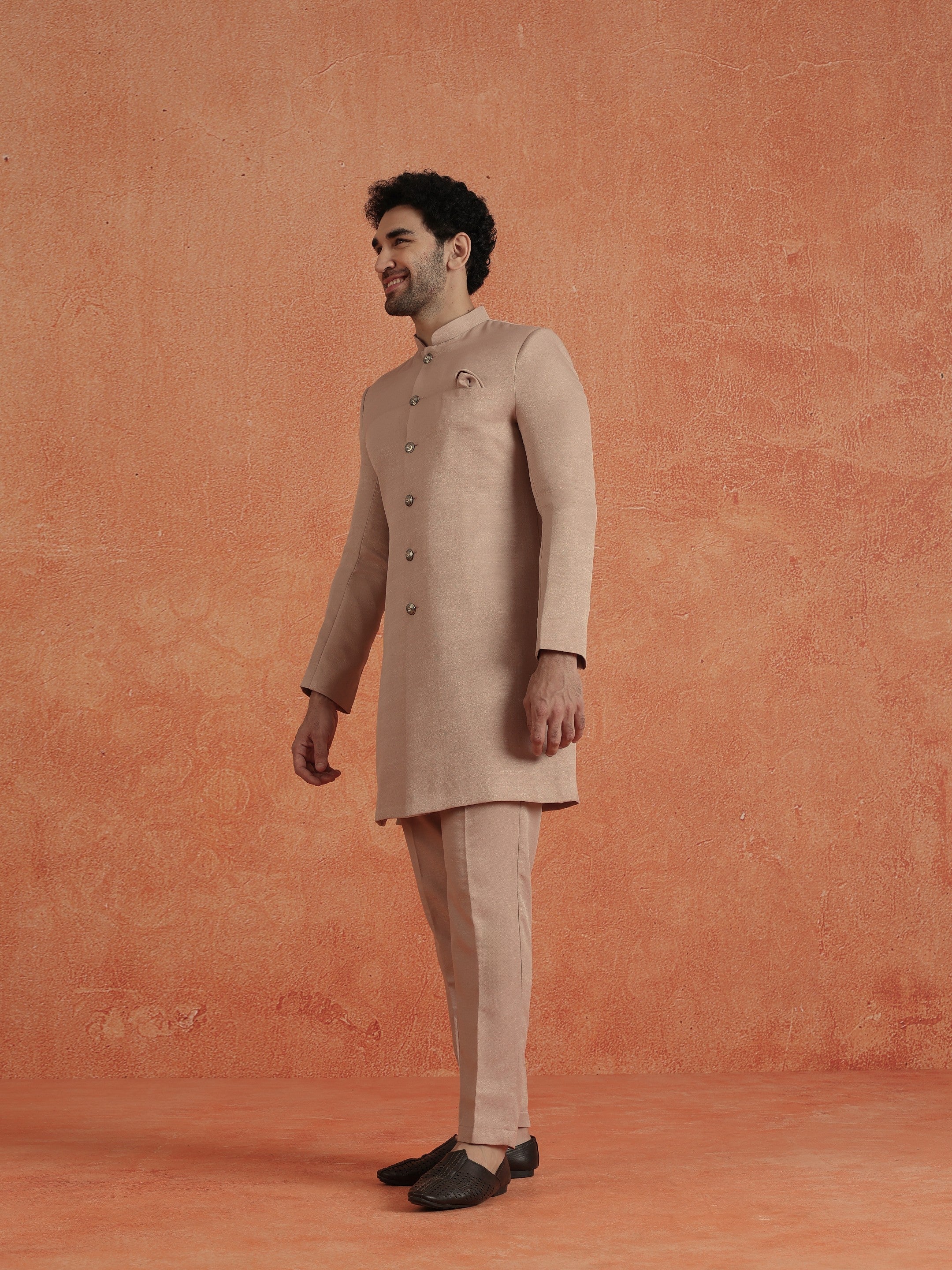 Blush Pink Polyviscose Solid Sherwani Trouser Set