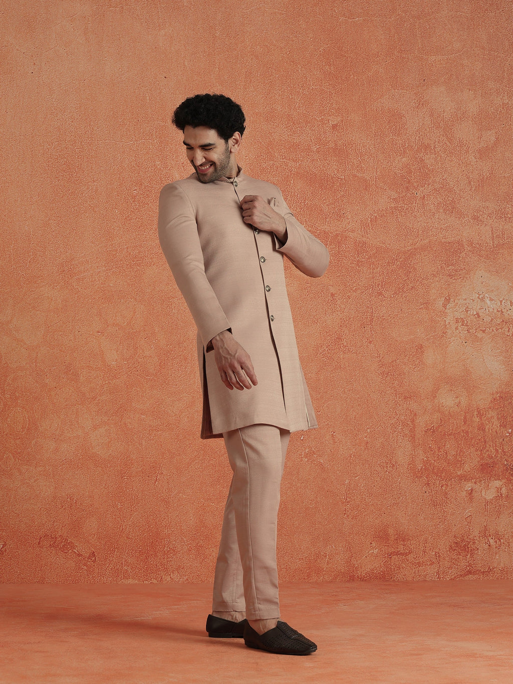 Blush Pink Polyviscose Solid Sherwani Trouser Set