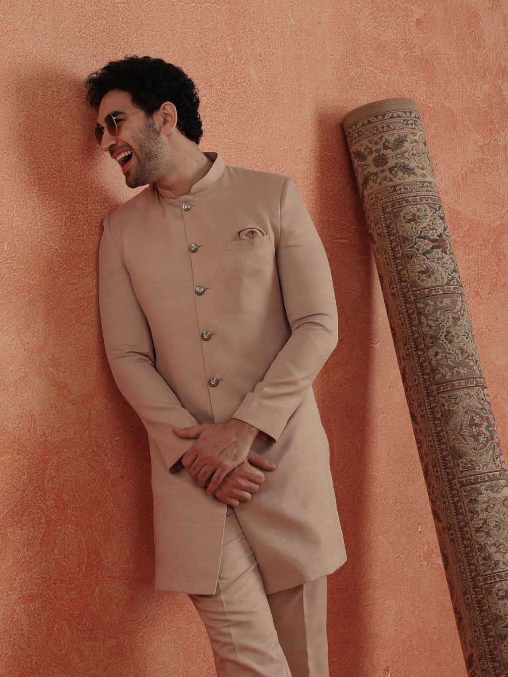 Blush Pink Polyviscose Solid Sherwani Trouser Set