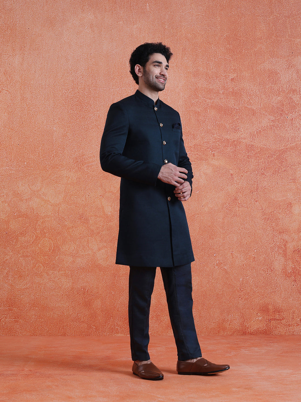 Blue Polyviscose Solid Sherwani Trouser Set