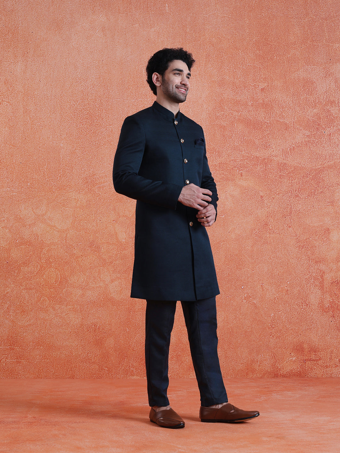 Blue Polyviscose Solid Sherwani Trouser Set