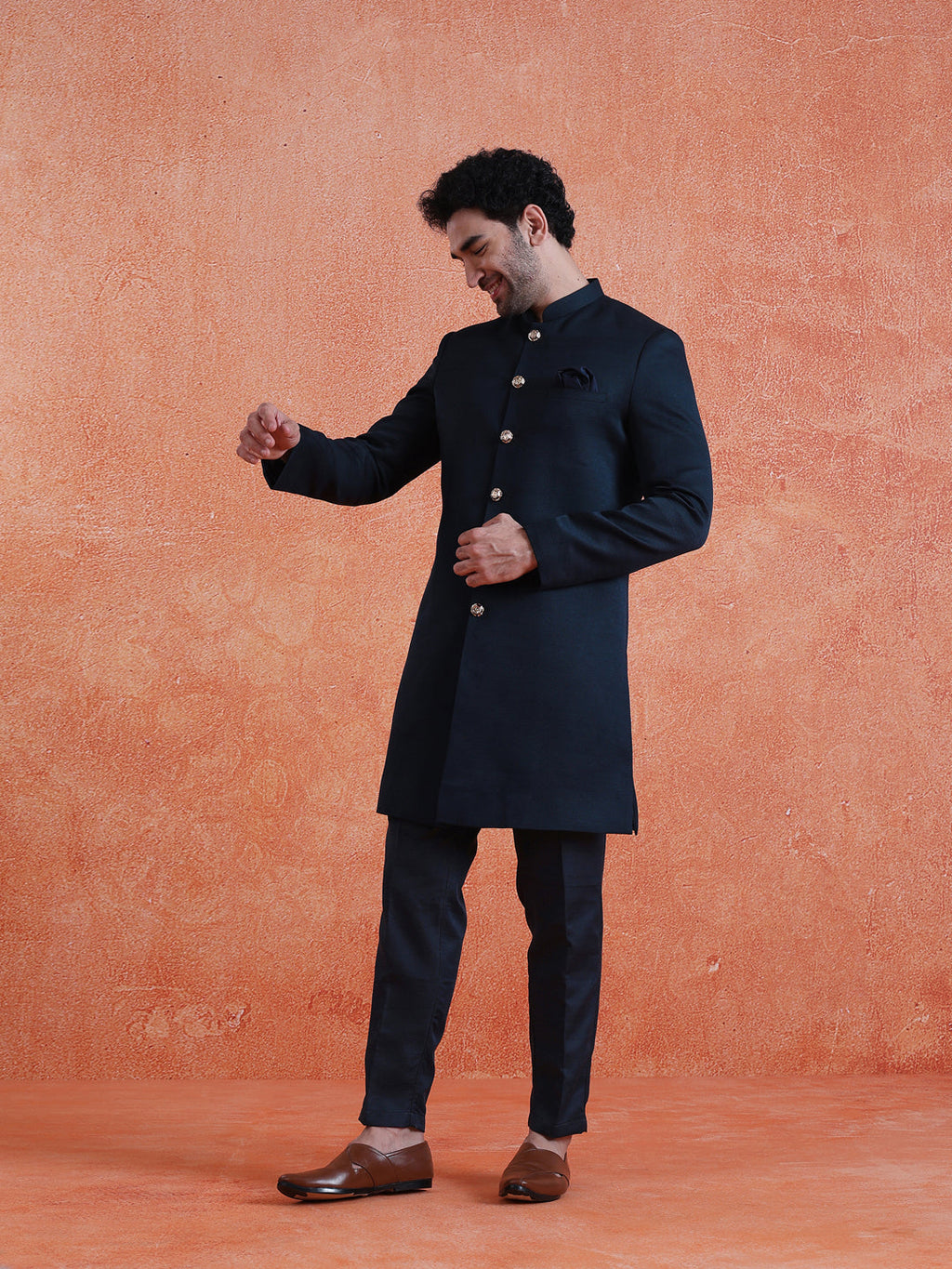 Blue Polyviscose Solid Sherwani Trouser Set