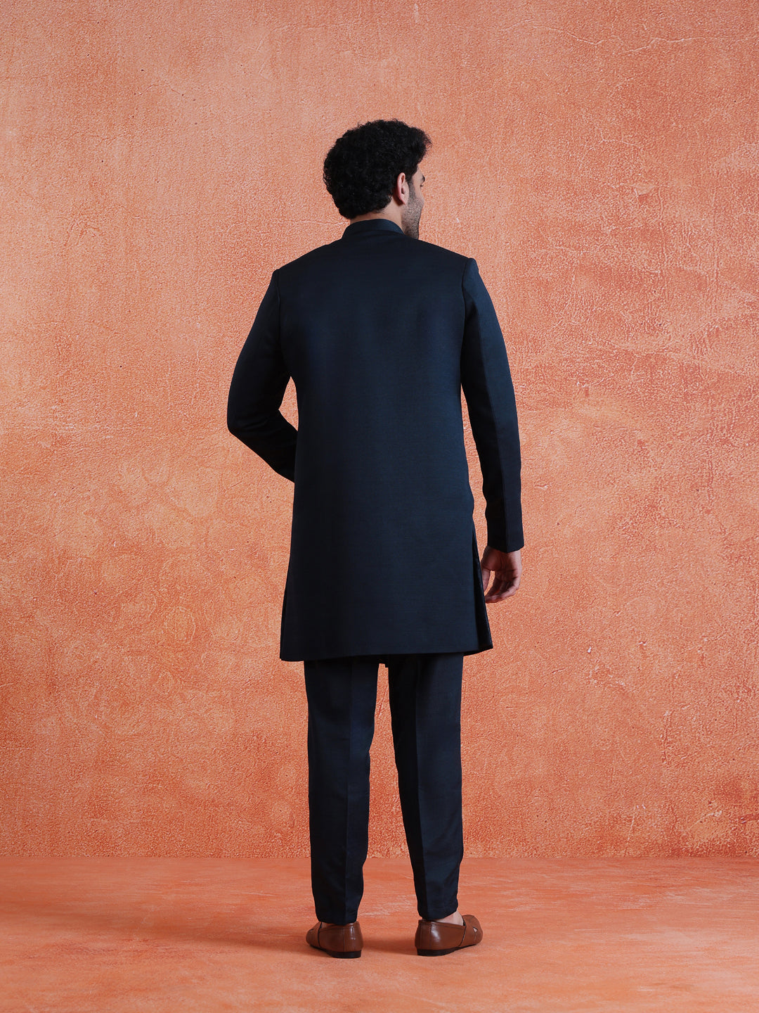 Blue Polyviscose Solid Sherwani Trouser Set