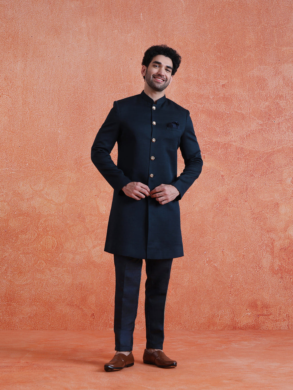 Blue Polyviscose Solid Sherwani Trouser Set