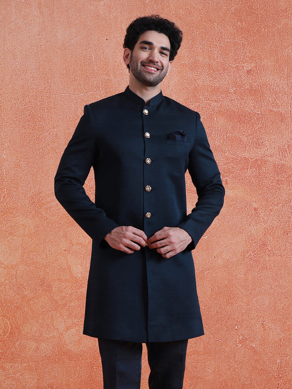 Blue Polyviscose Solid Sherwani Trouser Set