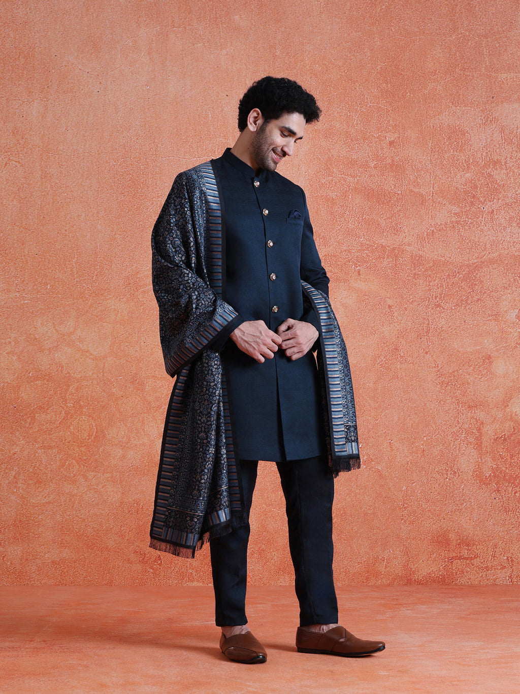 Navy Blue Polyviscose Solid Sherwani Trouser Set With Dupatta