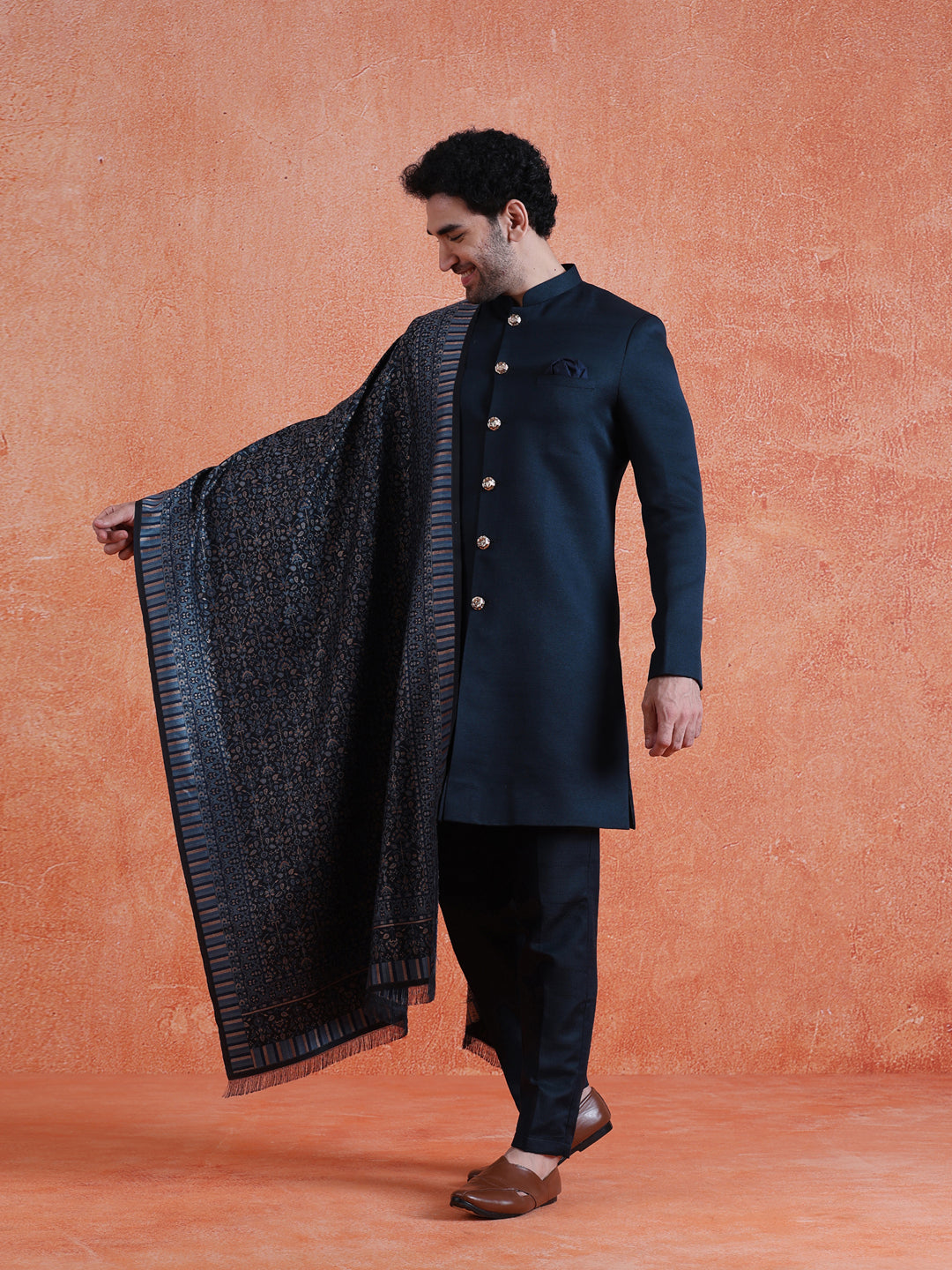 Navy Blue Polyviscose Solid Sherwani Trouser Set With Dupatta