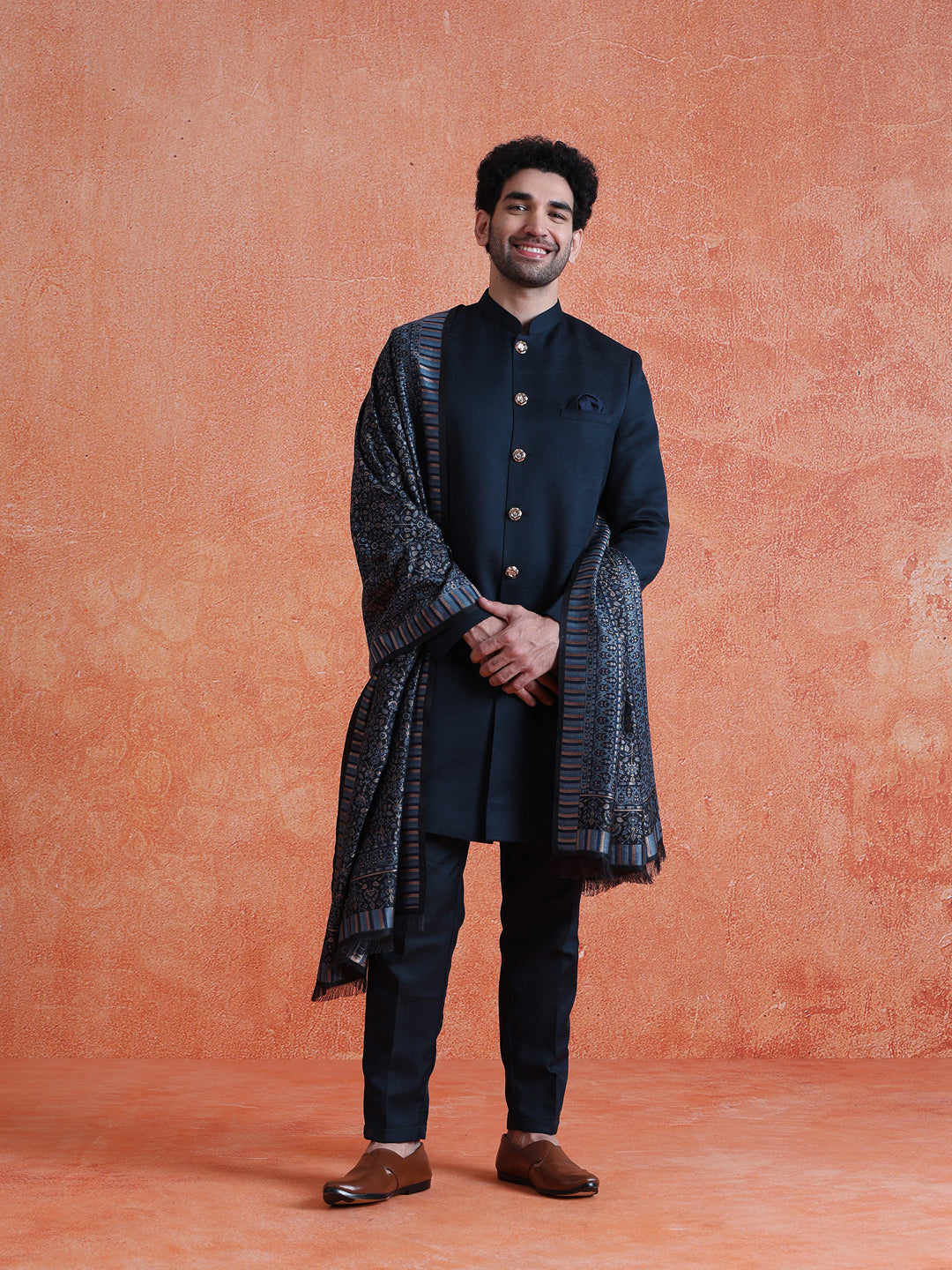 Navy Blue Polyviscose Solid Sherwani Trouser Set With Dupatta
