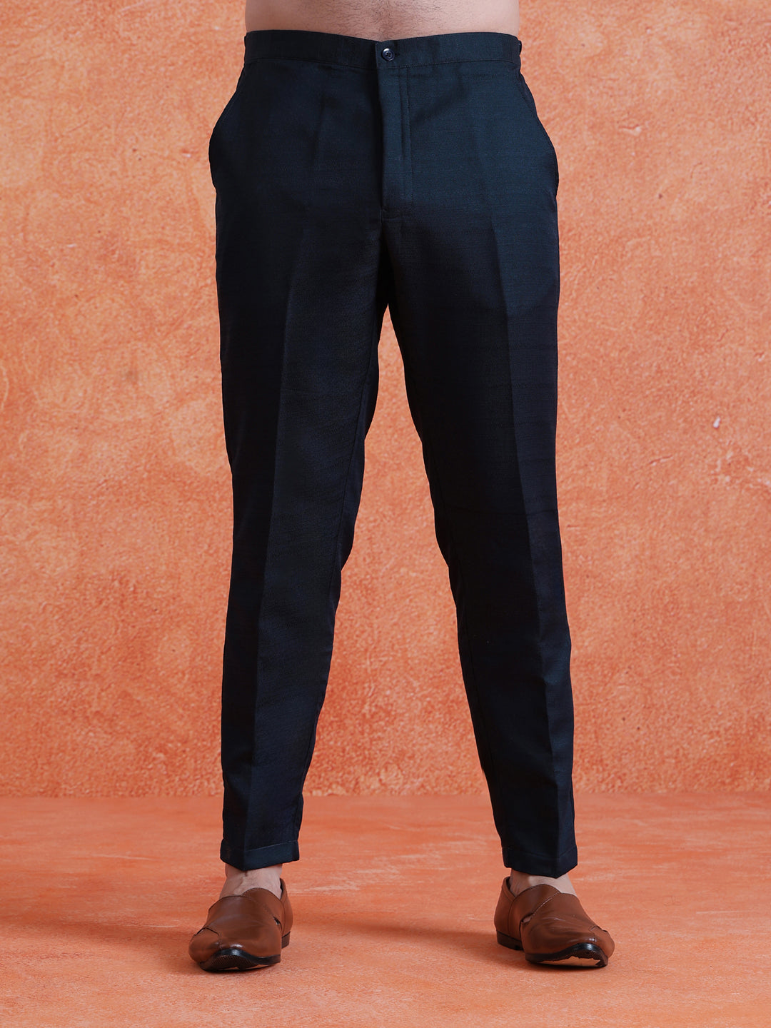 Navy Blue Polyviscose Solid Sherwani Trouser Set With Dupatta
