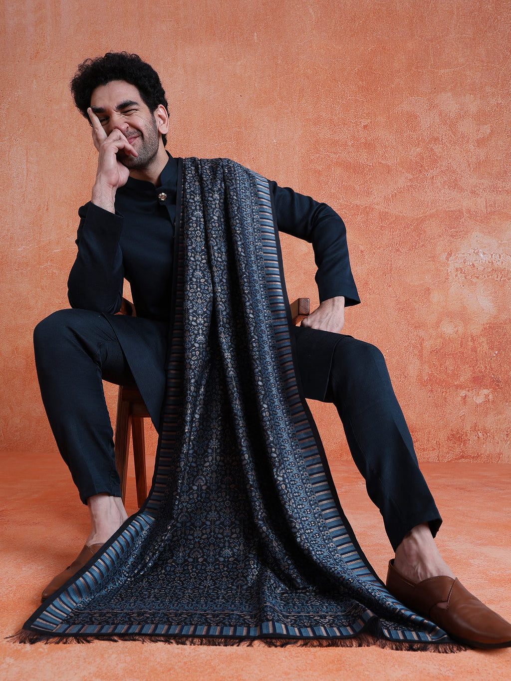 Navy Blue Polyviscose Solid Sherwani Trouser Set With Dupatta