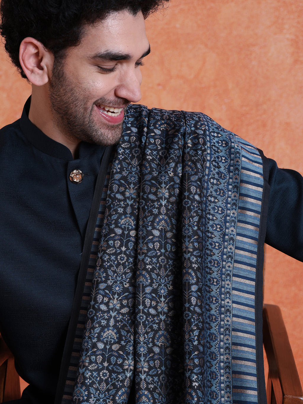 Navy Blue Polyviscose Solid Sherwani Trouser Set With Dupatta