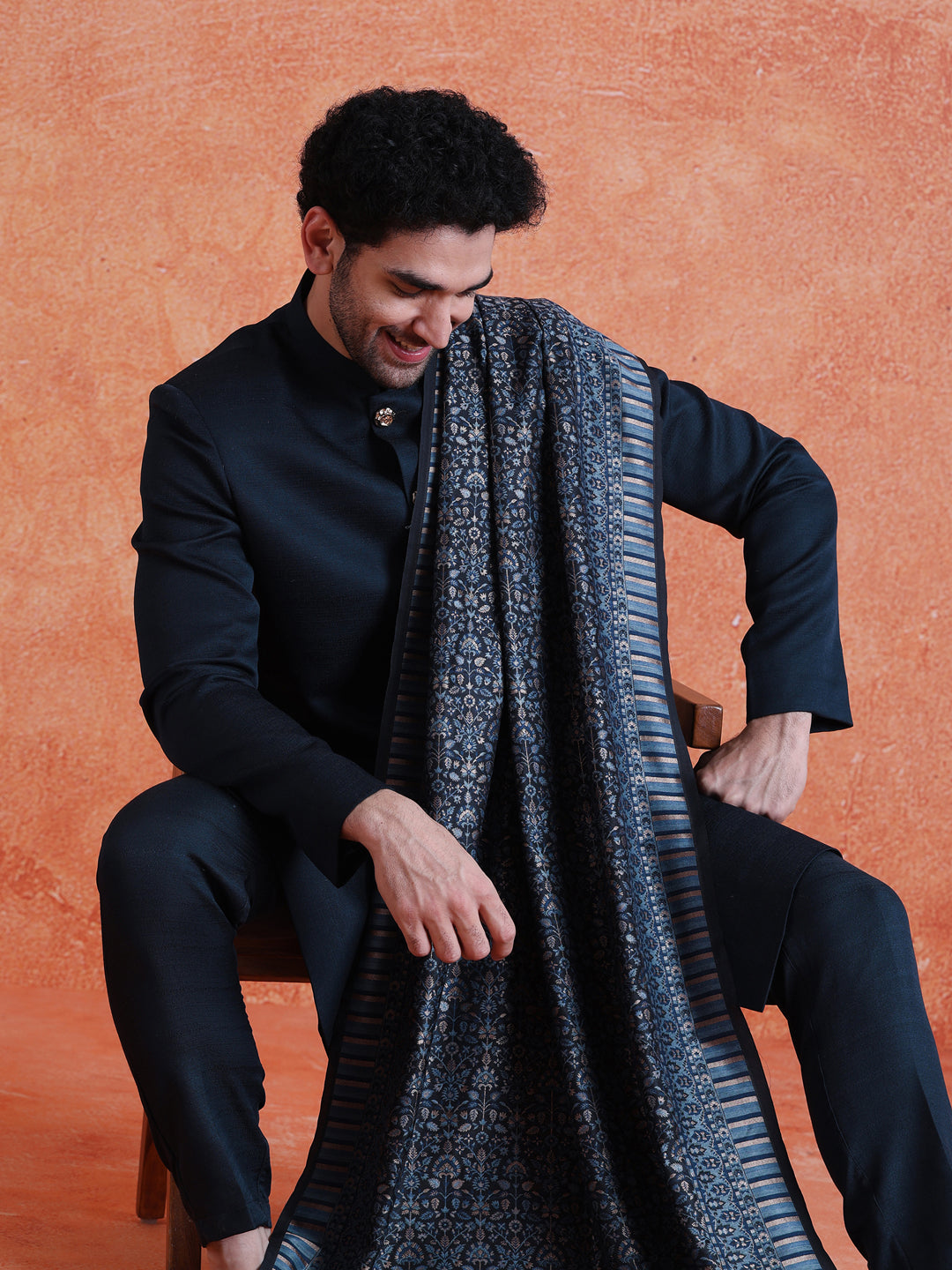 Navy Blue Polyviscose Solid Sherwani Trouser Set With Dupatta