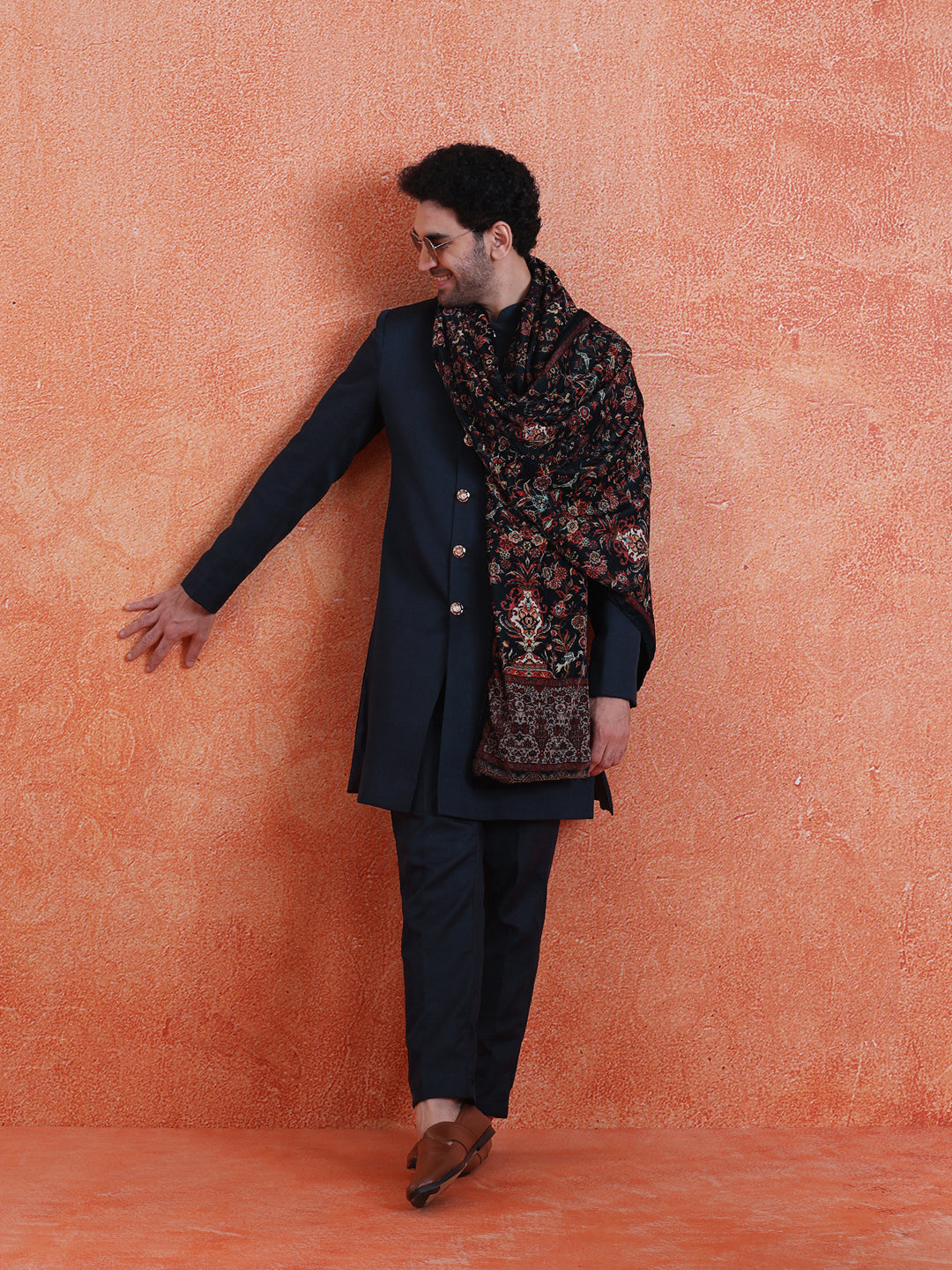 Blue Polyviscose Solid Sherwani Trouser Set With Velvet Dupatta