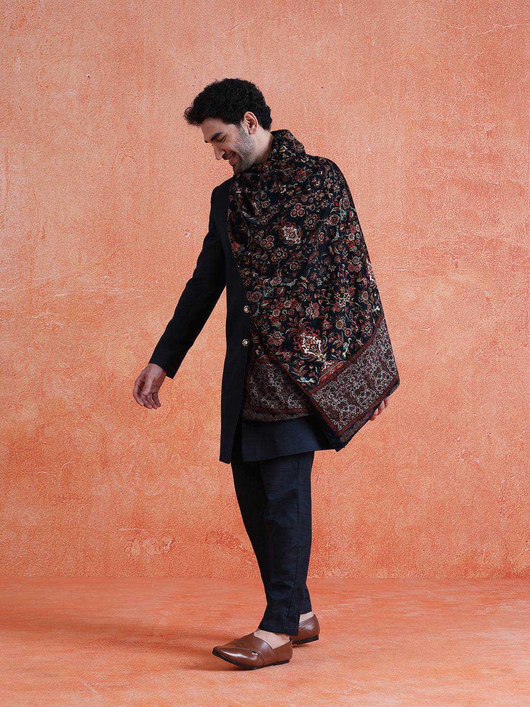 Blue Polyviscose Solid Sherwani Trouser Set With Velvet Dupatta