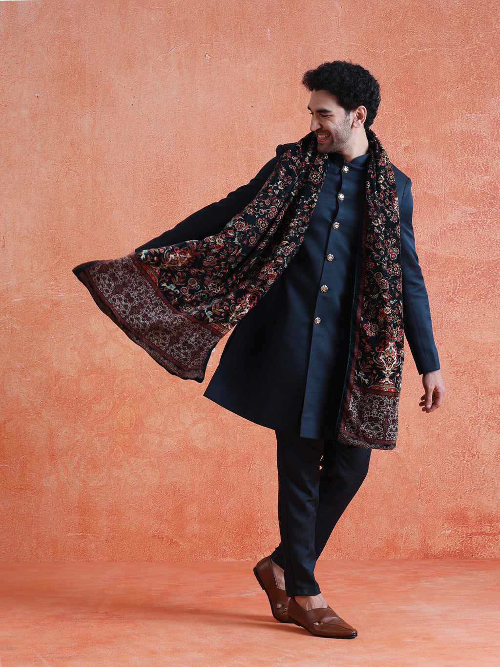 Blue Polyviscose Solid Sherwani Trouser Set With Velvet Dupatta