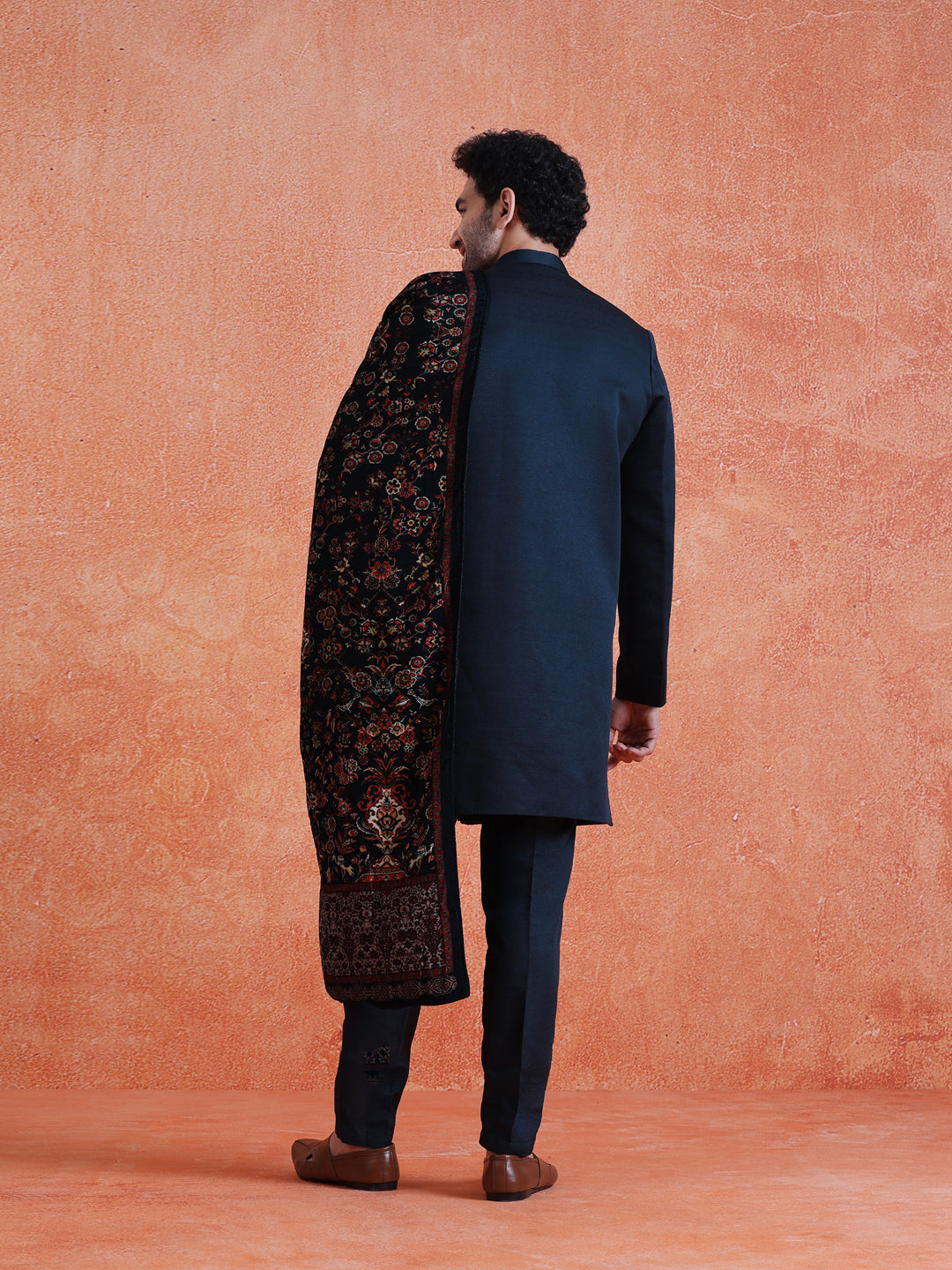 Blue Polyviscose Solid Sherwani Trouser Set With Velvet Dupatta