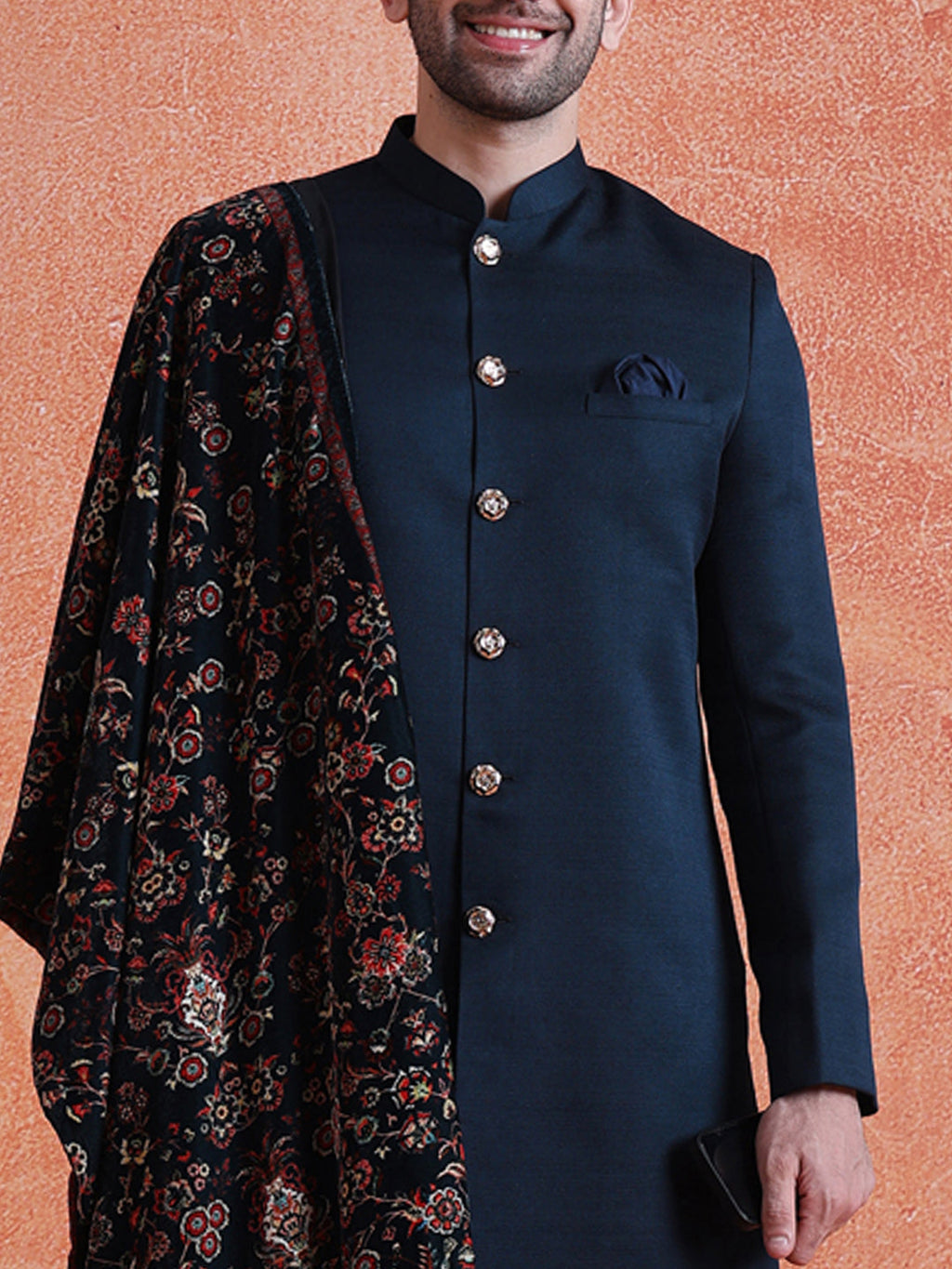 Blue Polyviscose Solid Sherwani Trouser Set With Velvet Dupatta