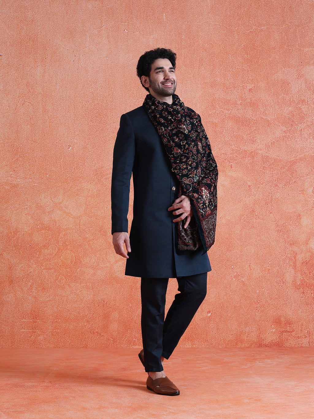 Blue Polyviscose Solid Sherwani Trouser Set With Velvet Dupatta