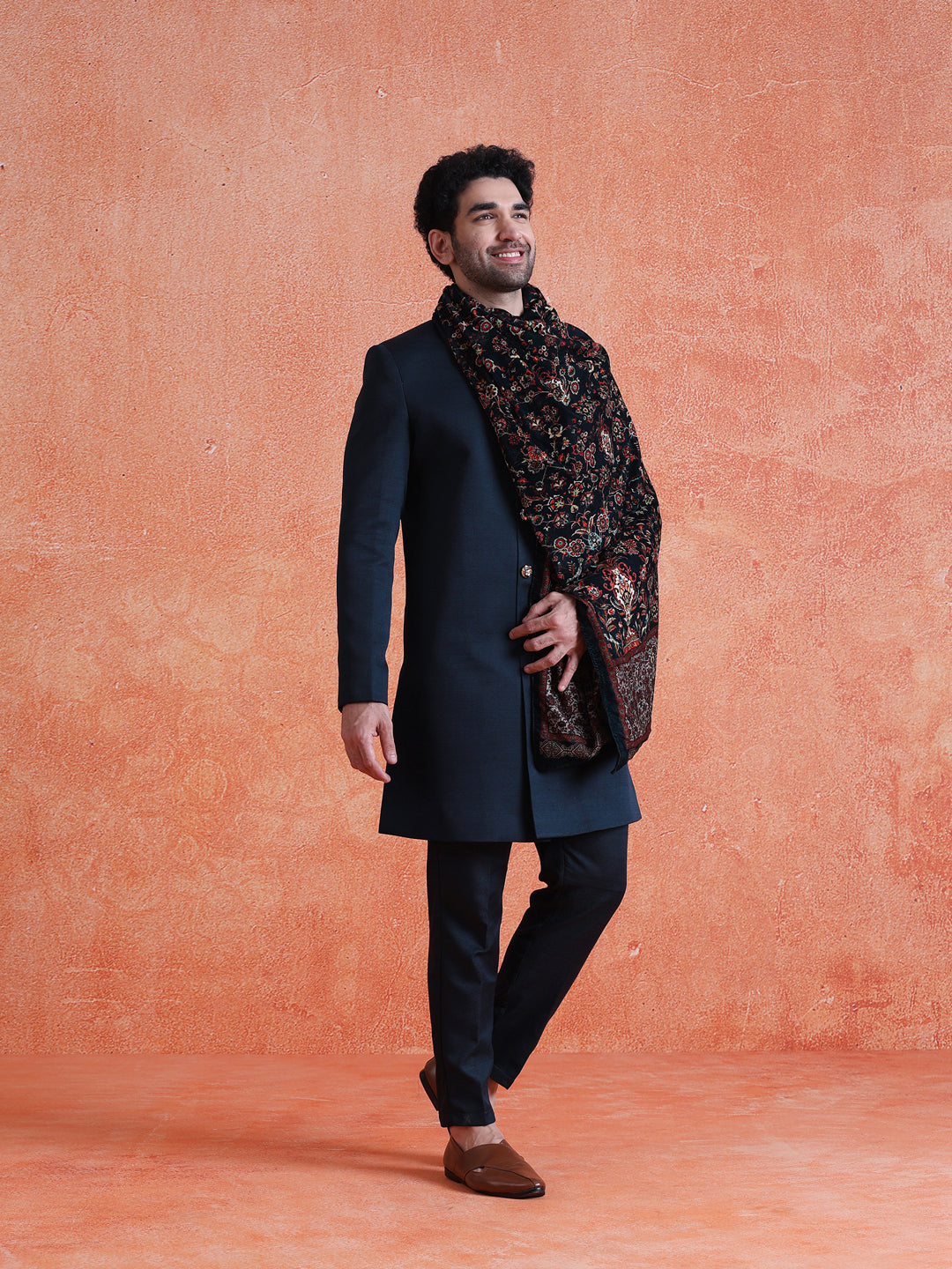 Blue Polyviscose Solid Sherwani Trouser Set With Velvet Dupatta