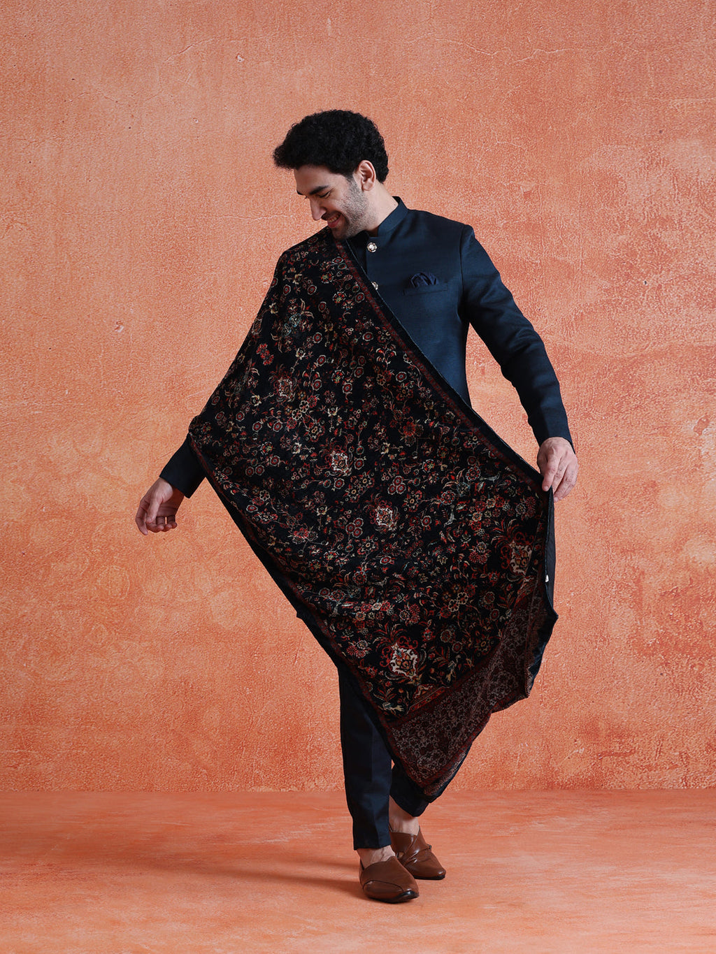 Blue Polyviscose Solid Sherwani Trouser Set With Velvet Dupatta