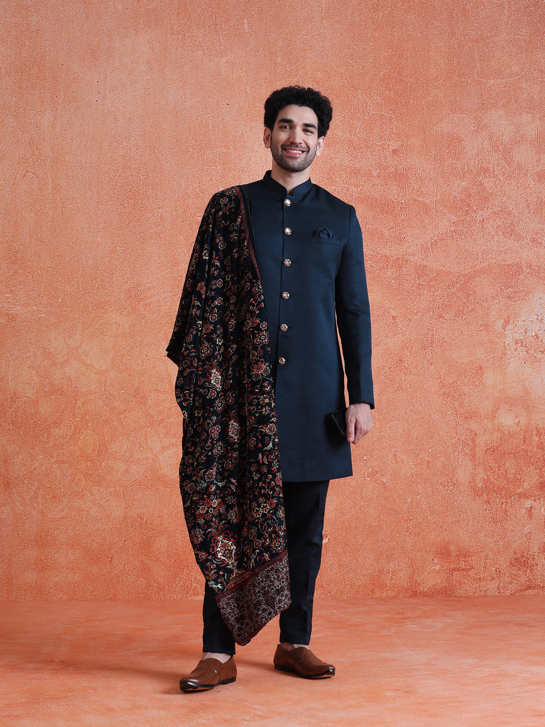 Blue Polyviscose Solid Sherwani Trouser Set With Velvet Dupatta