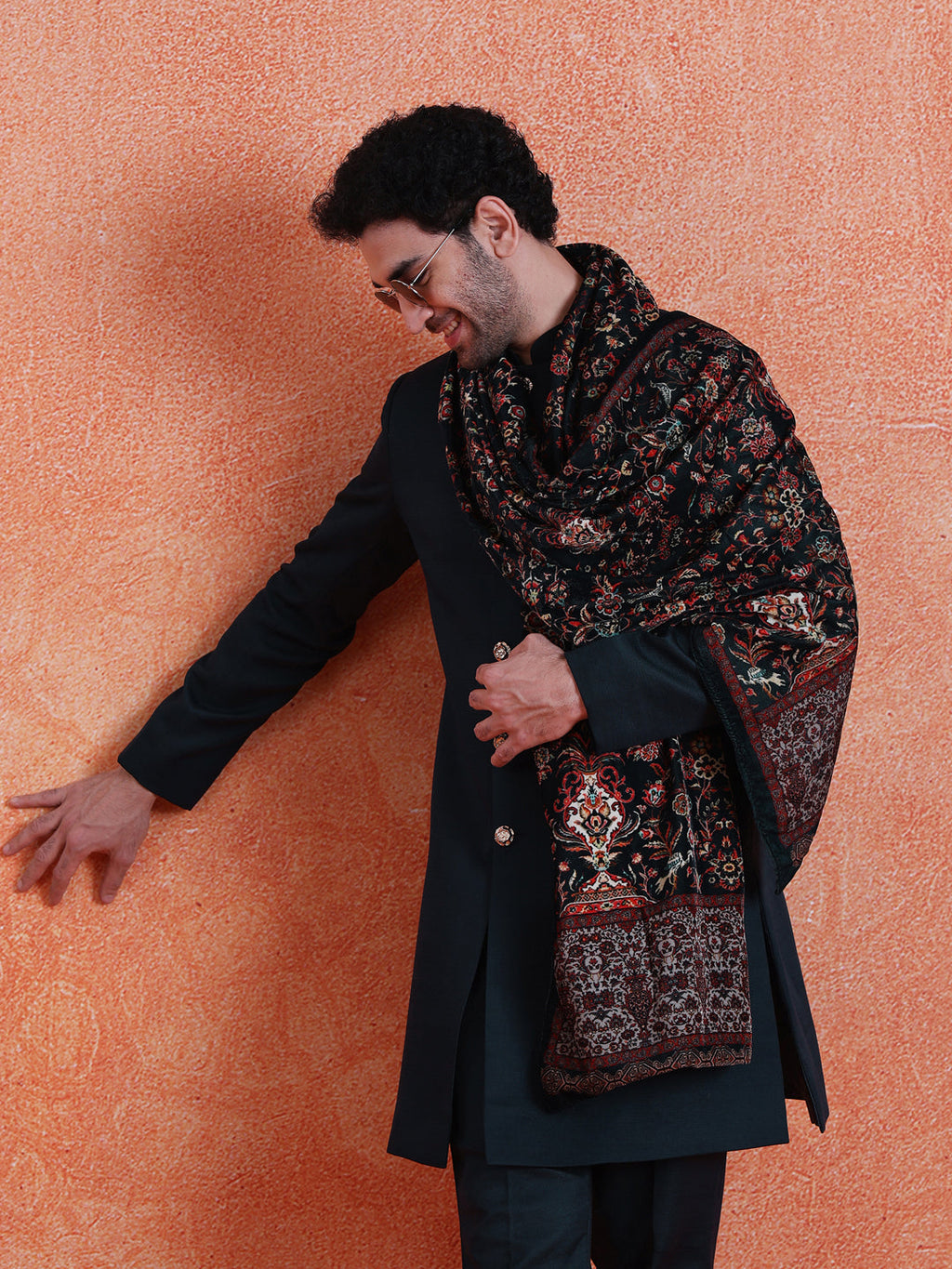 Blue Polyviscose Solid Sherwani Trouser Set With Velvet Dupatta