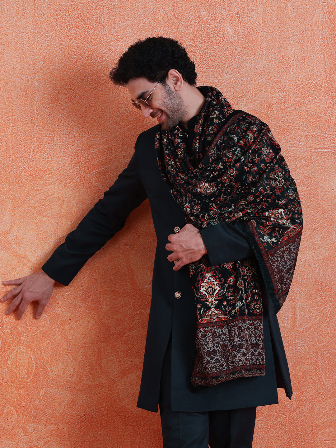 Blue Polyviscose Solid Sherwani Trouser Set With Velvet Dupatta