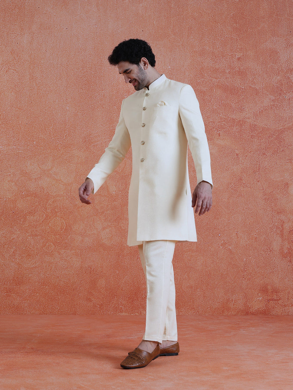White Polyviscose Solid Sherwani Trouser Set