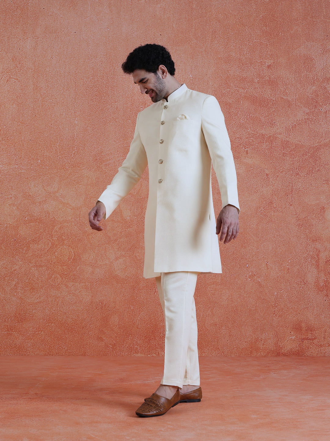White Polyviscose Solid Sherwani Trouser Set