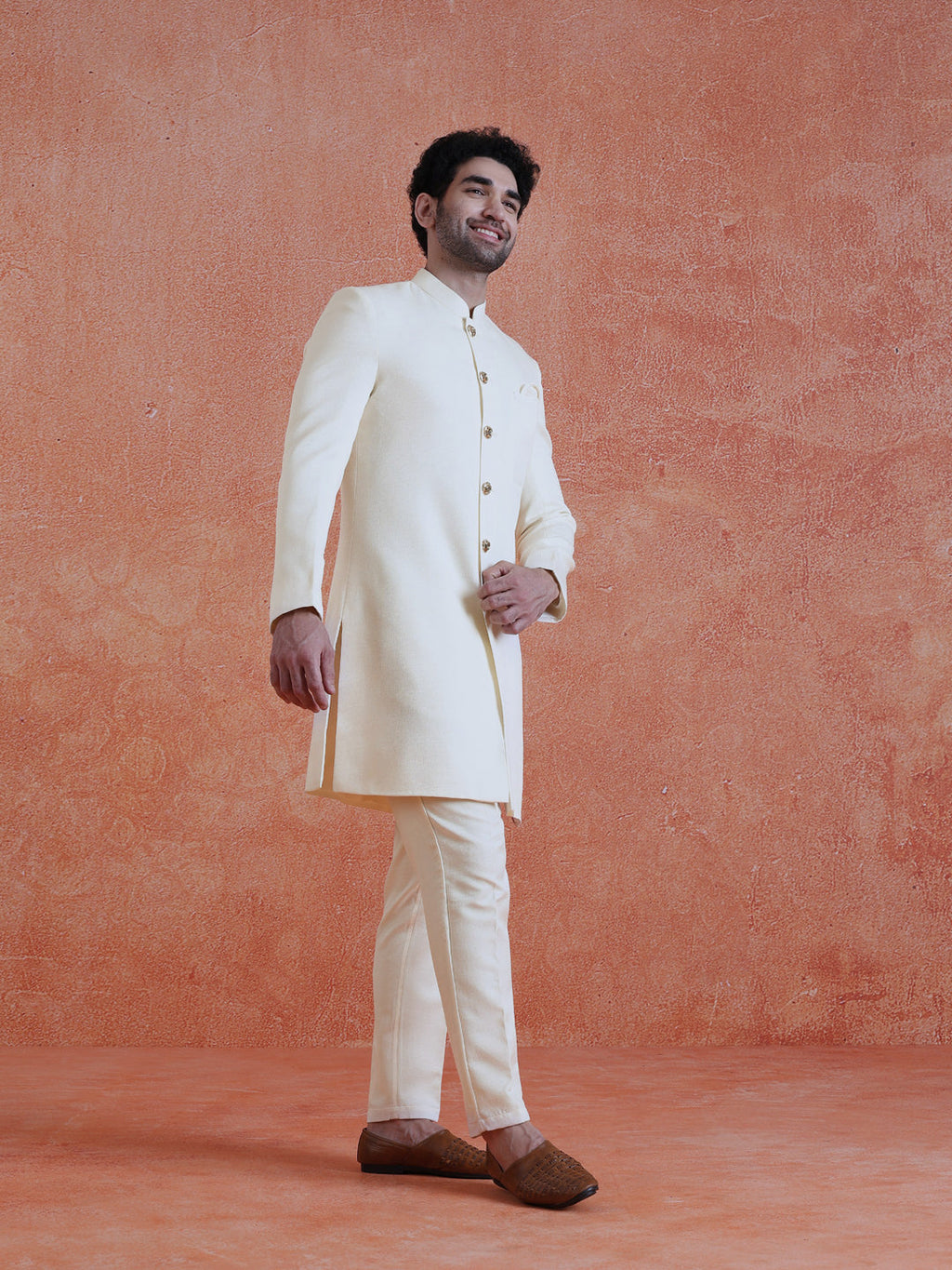 White Polyviscose Solid Sherwani Trouser Set