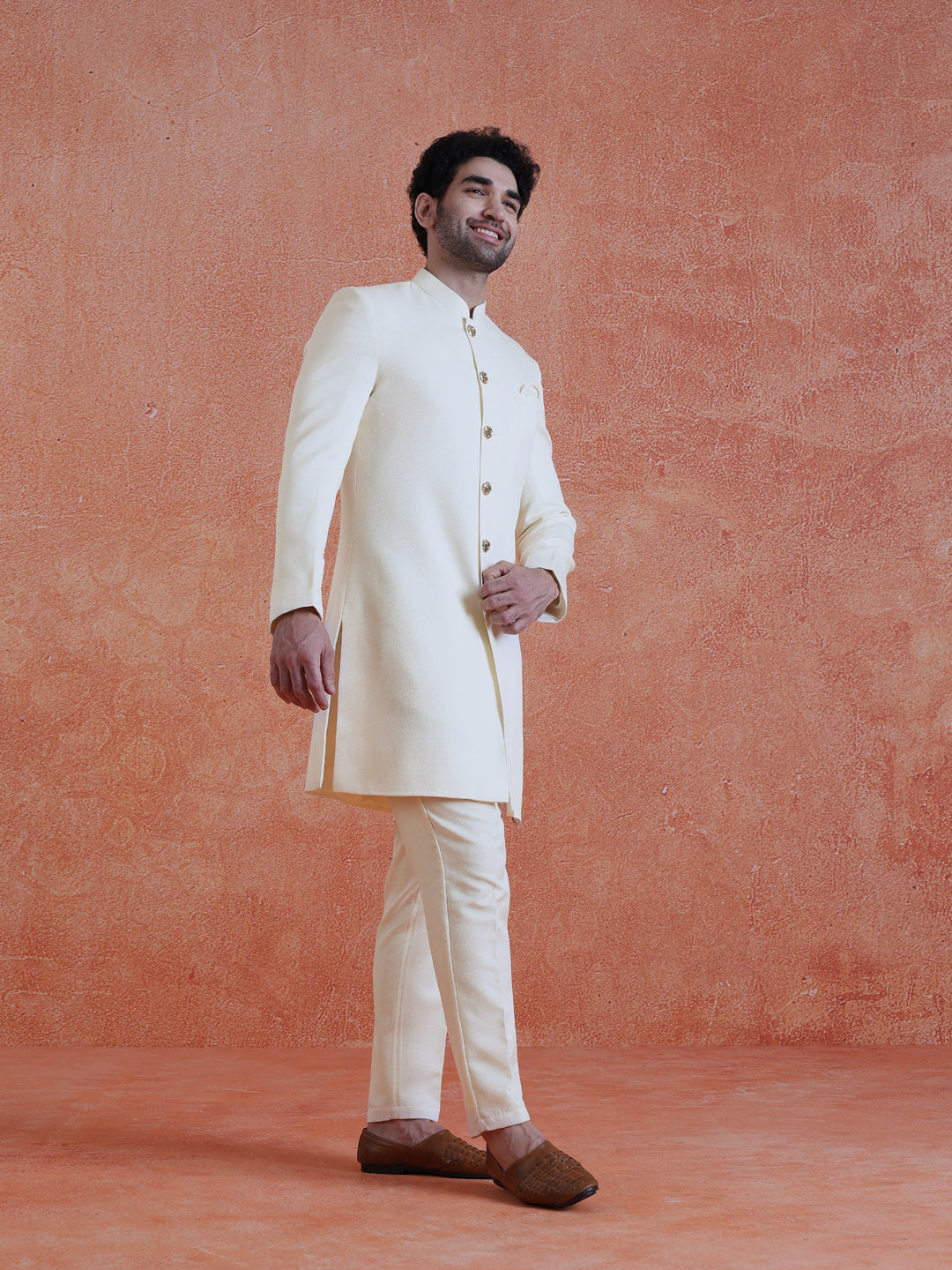 White Polyviscose Solid Sherwani Trouser Set