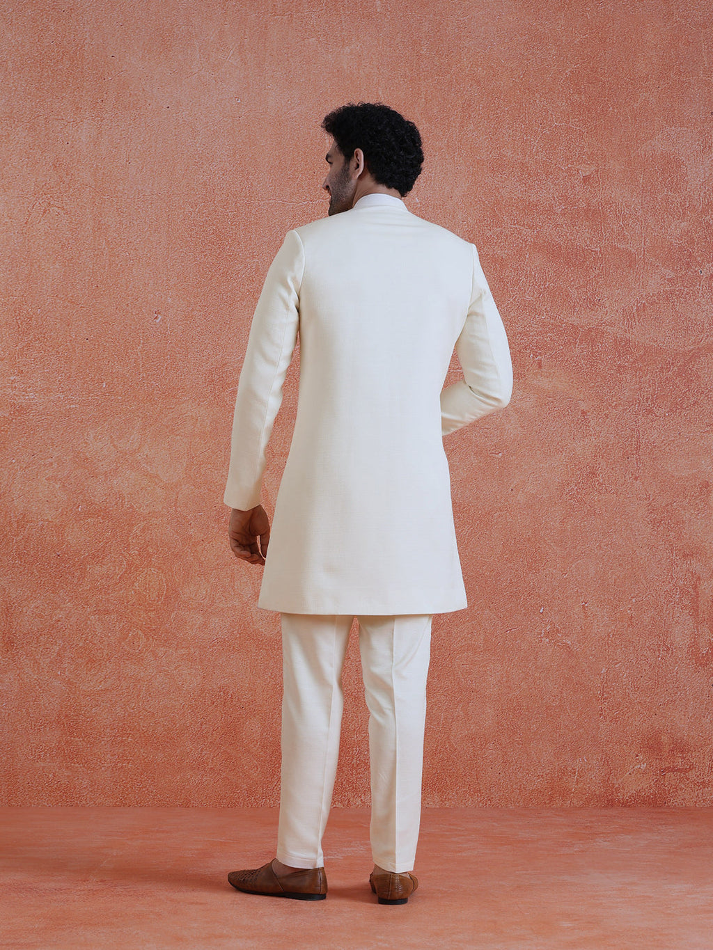 White Polyviscose Solid Sherwani Trouser Set