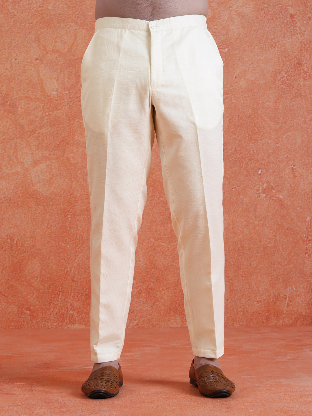White Polyviscose Solid Sherwani Trouser Set