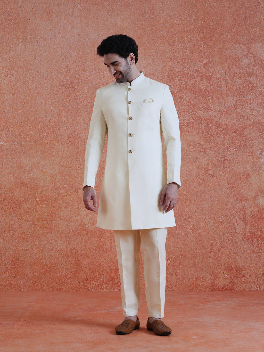White Polyviscose Solid Sherwani Trouser Set