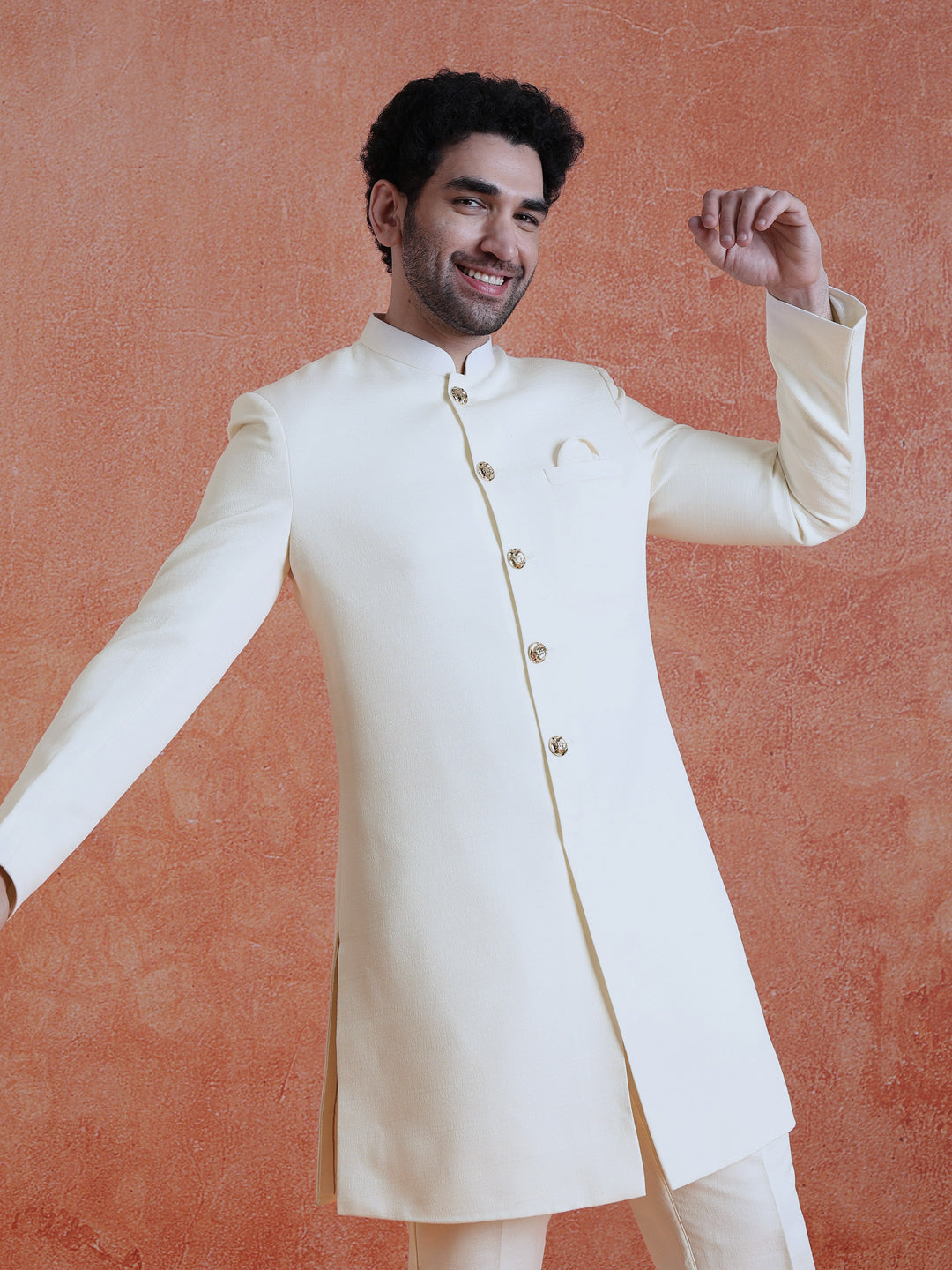 White Polyviscose Solid Sherwani Trouser Set