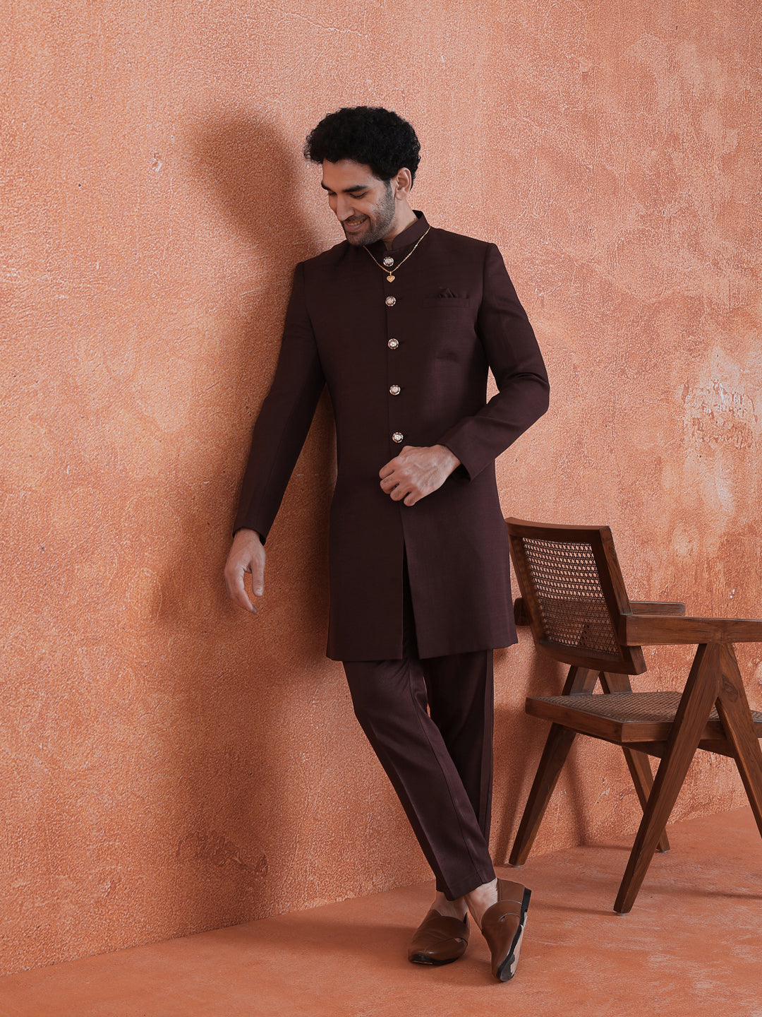 Wine Polyviscose Solid Sherwani Trouser Set