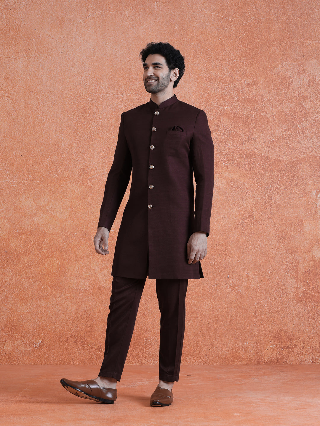 Wine Polyviscose Solid Sherwani Trouser Set