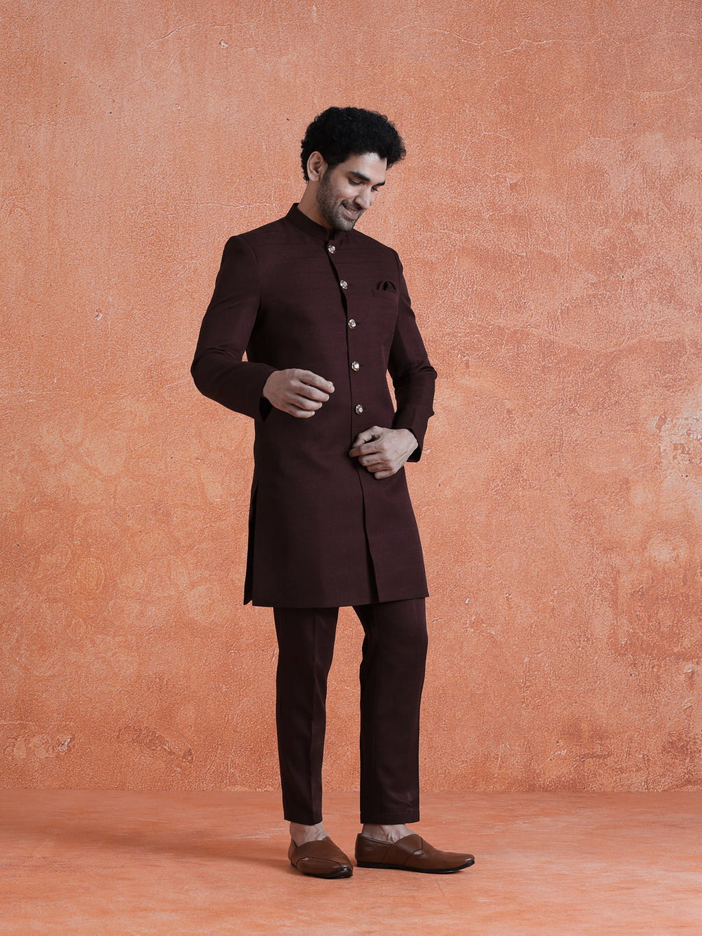 Wine Polyviscose Solid Sherwani Trouser Set