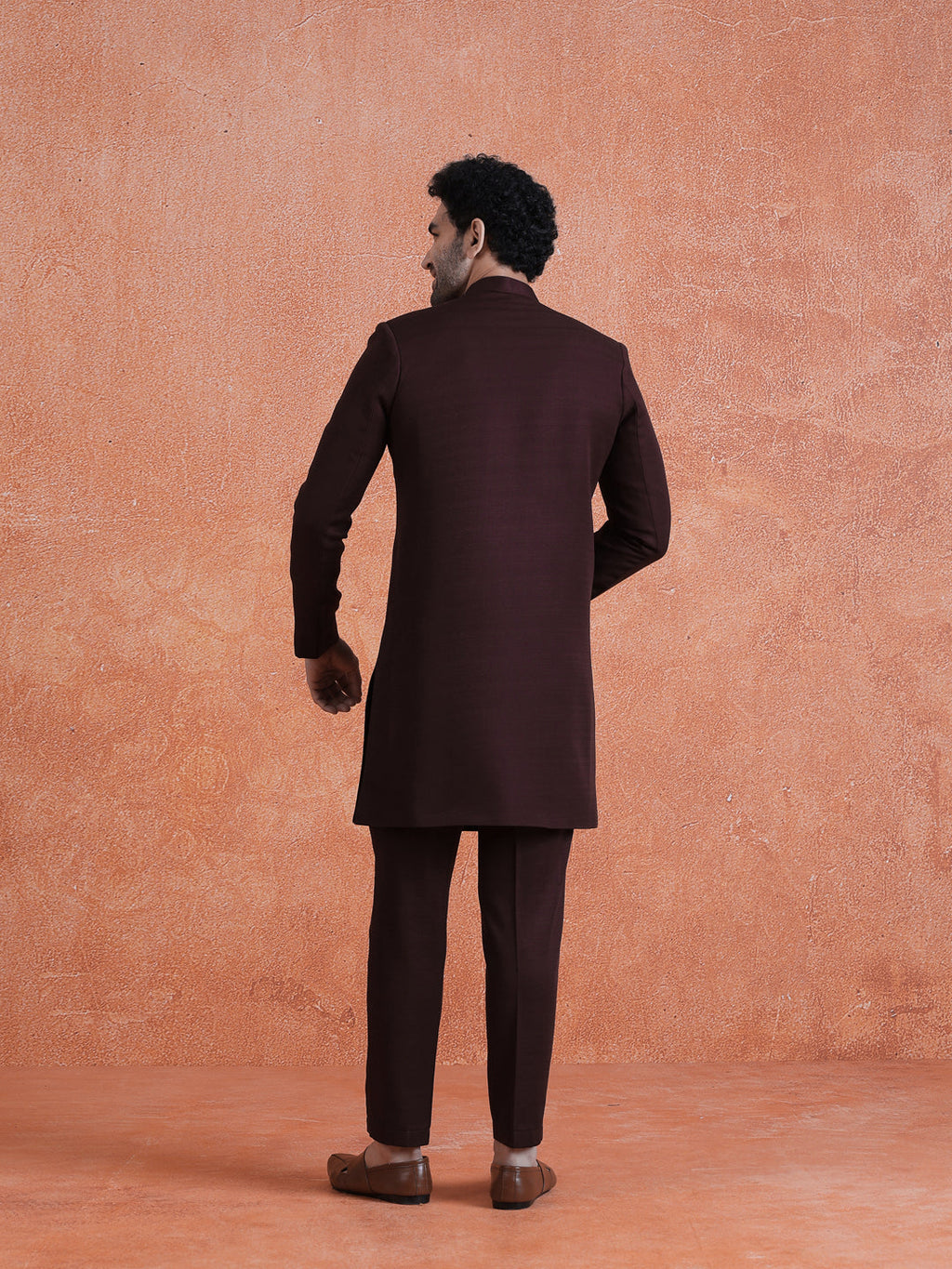 Wine Polyviscose Solid Sherwani Trouser Set