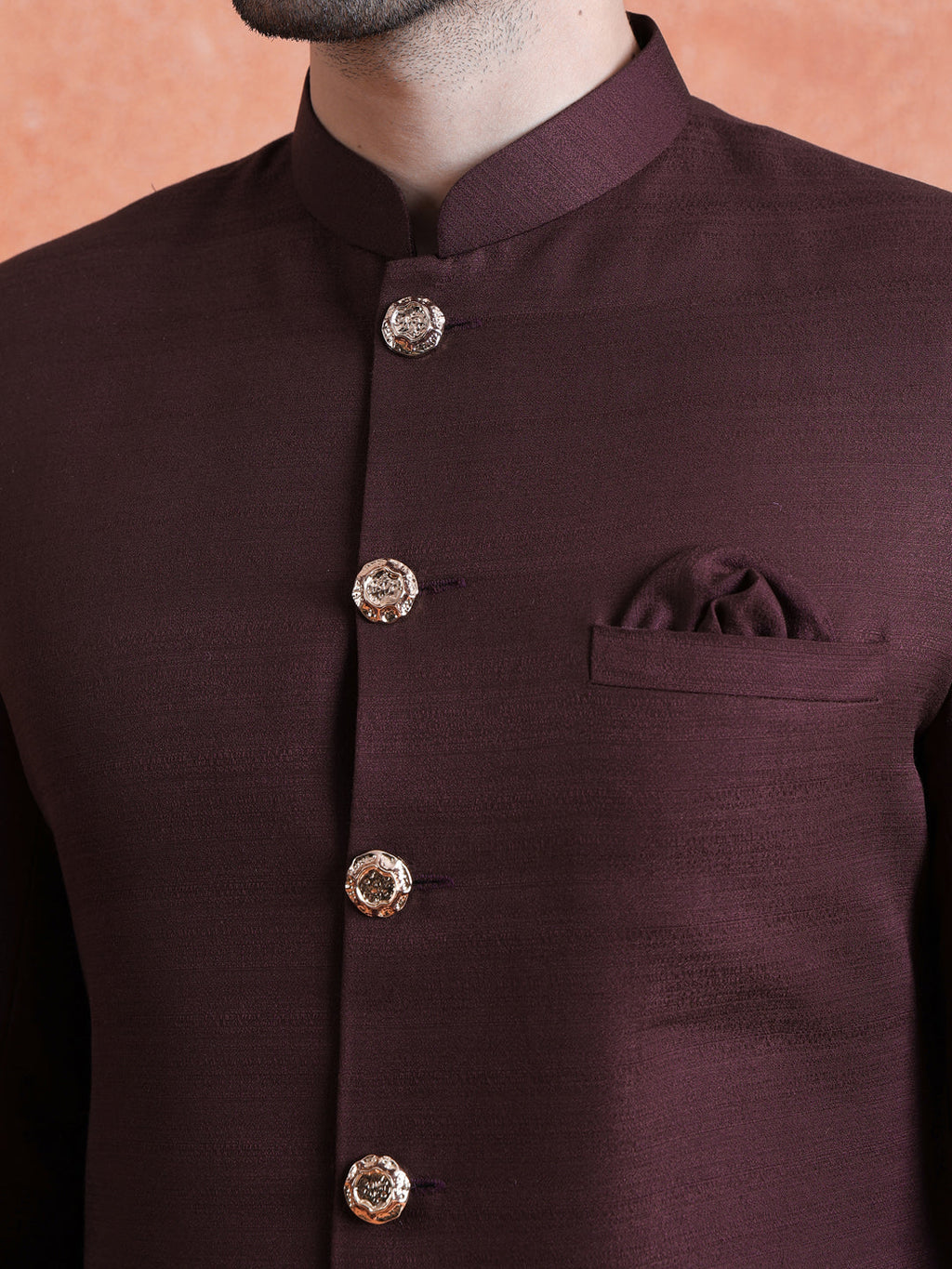 Wine Polyviscose Solid Sherwani Trouser Set