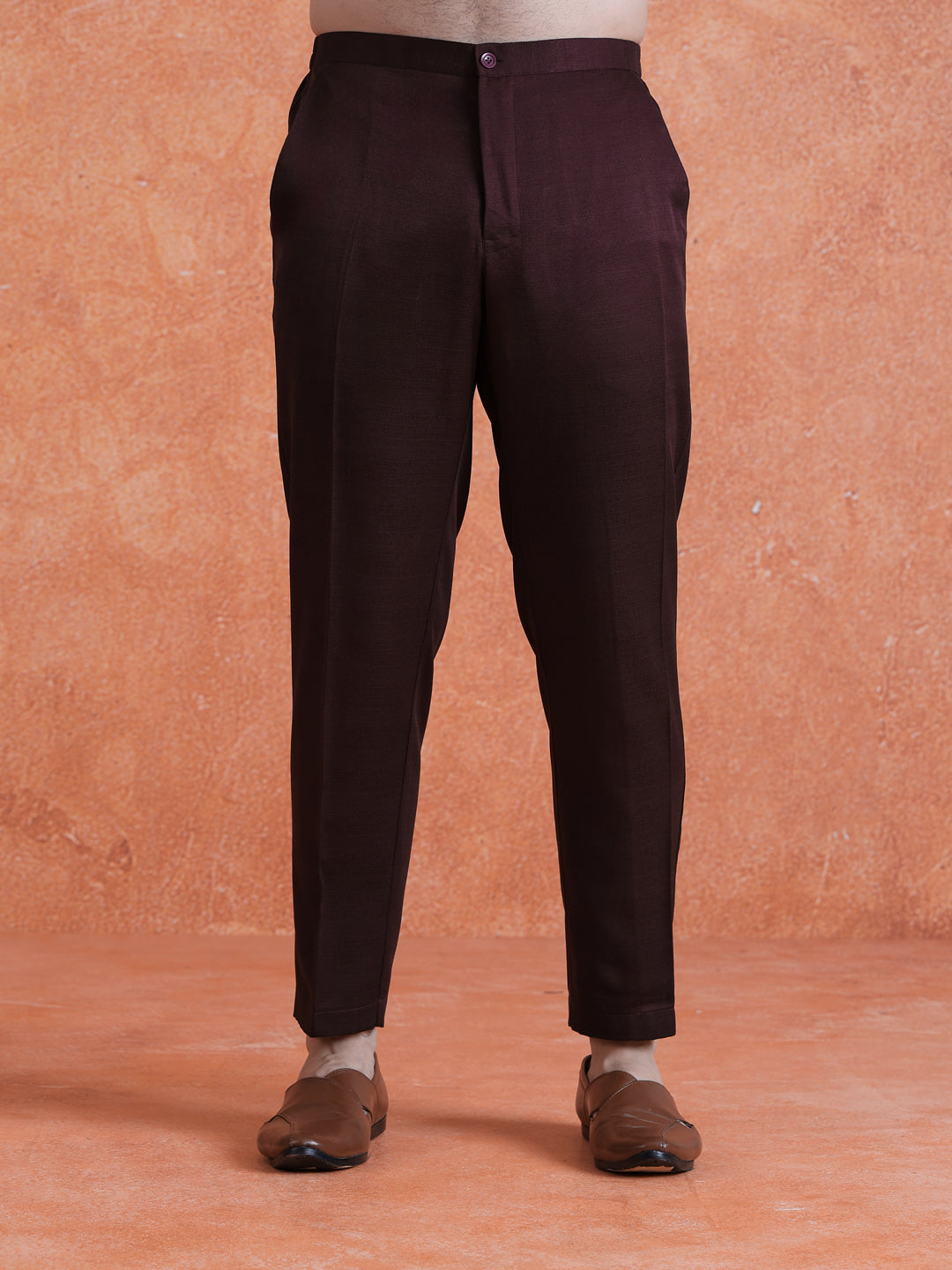 Wine Polyviscose Solid Sherwani Trouser Set