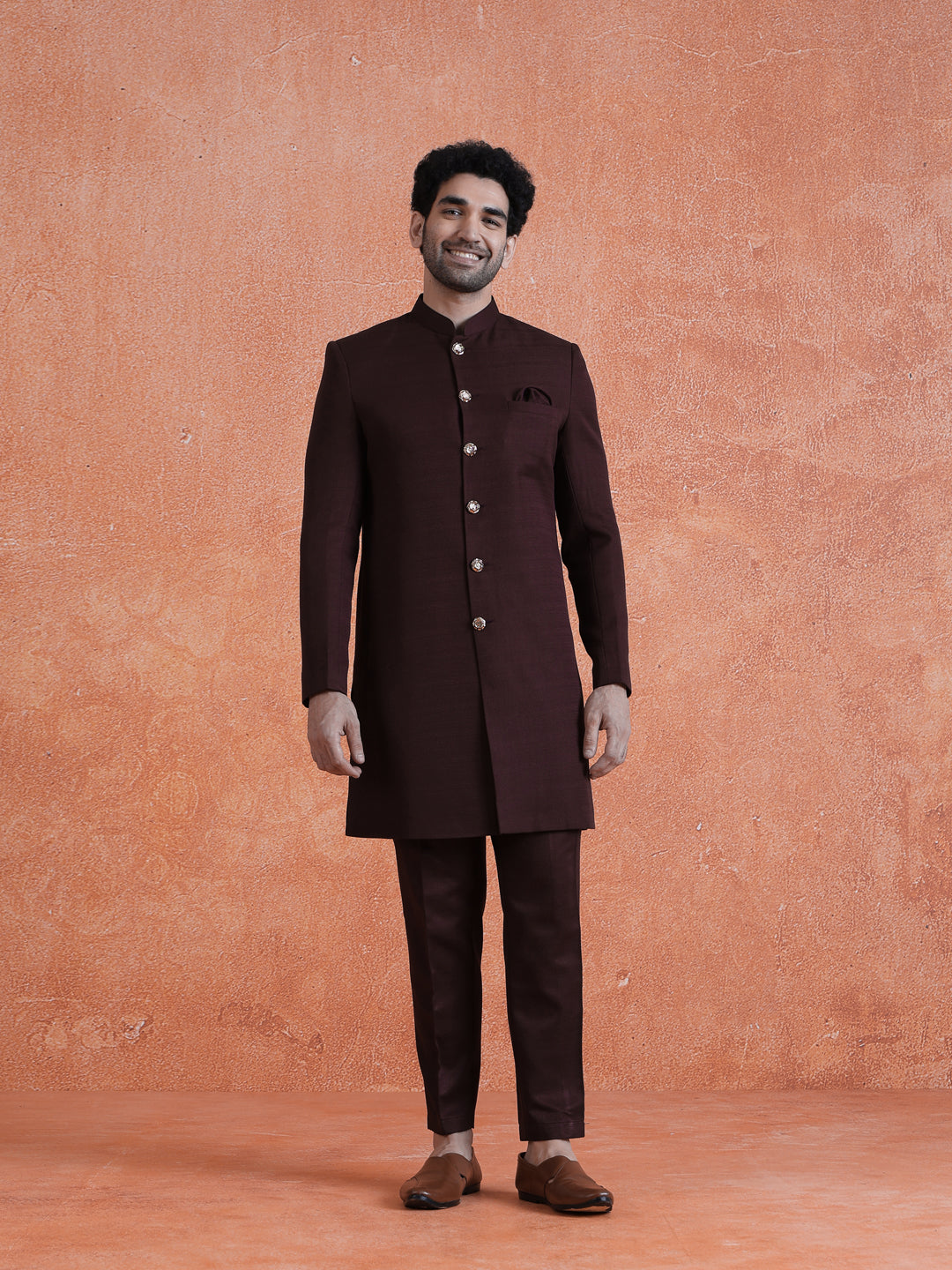 Wine Polyviscose Solid Sherwani Trouser Set