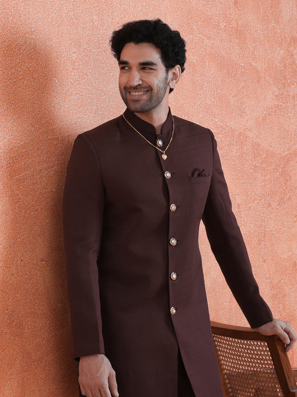 Wine Polyviscose Solid Sherwani Trouser Set