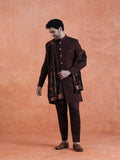 Wine Polyviscose Solid Sherwani Trouser Set With Velvet Dupatta