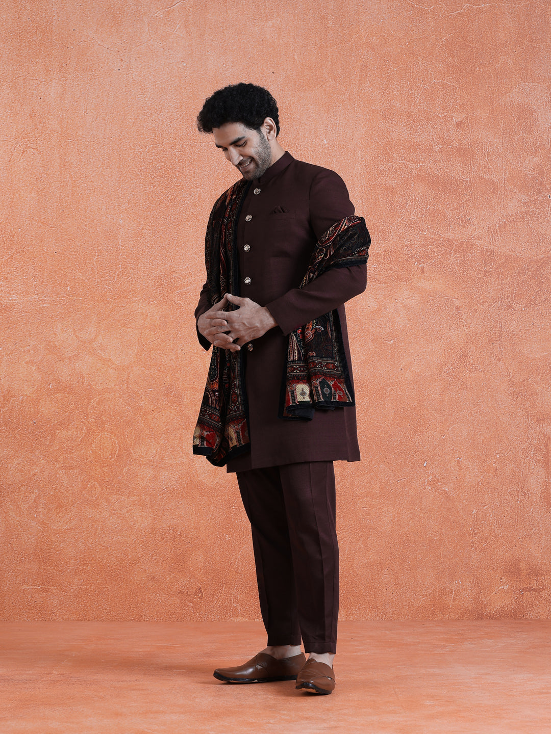 Wine Polyviscose Solid Sherwani Trouser Set With Velvet Dupatta