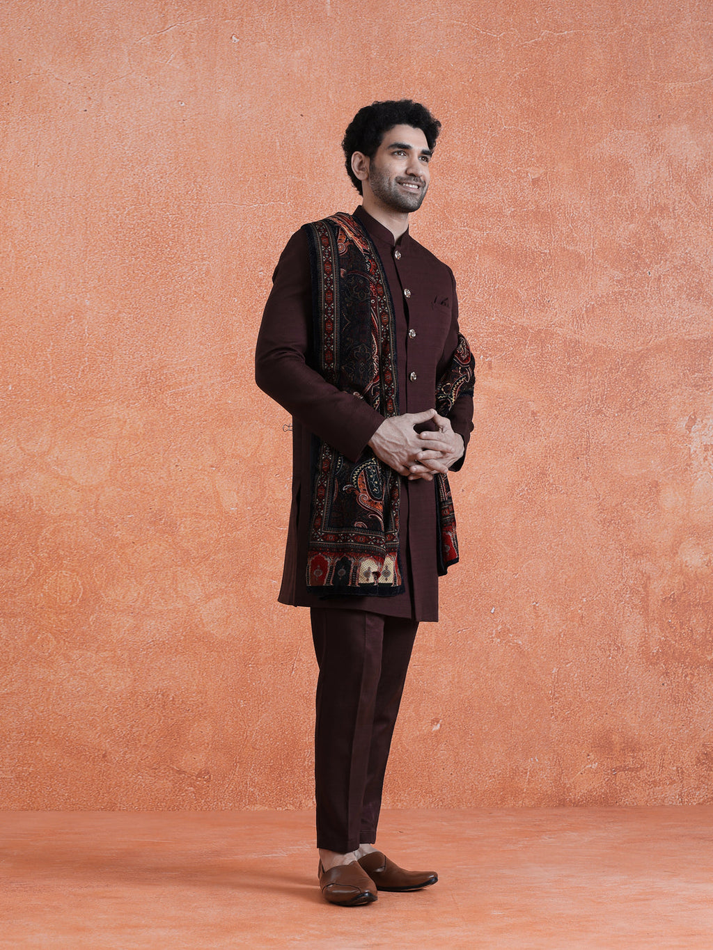 Wine Polyviscose Solid Sherwani Trouser Set With Velvet Dupatta