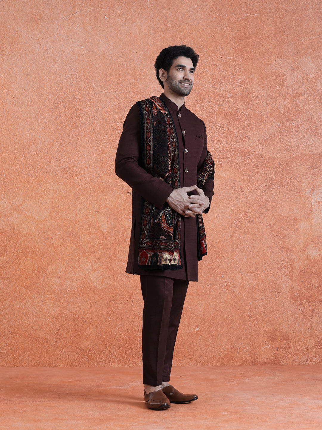 Wine Polyviscose Solid Sherwani Trouser Set With Velvet Dupatta