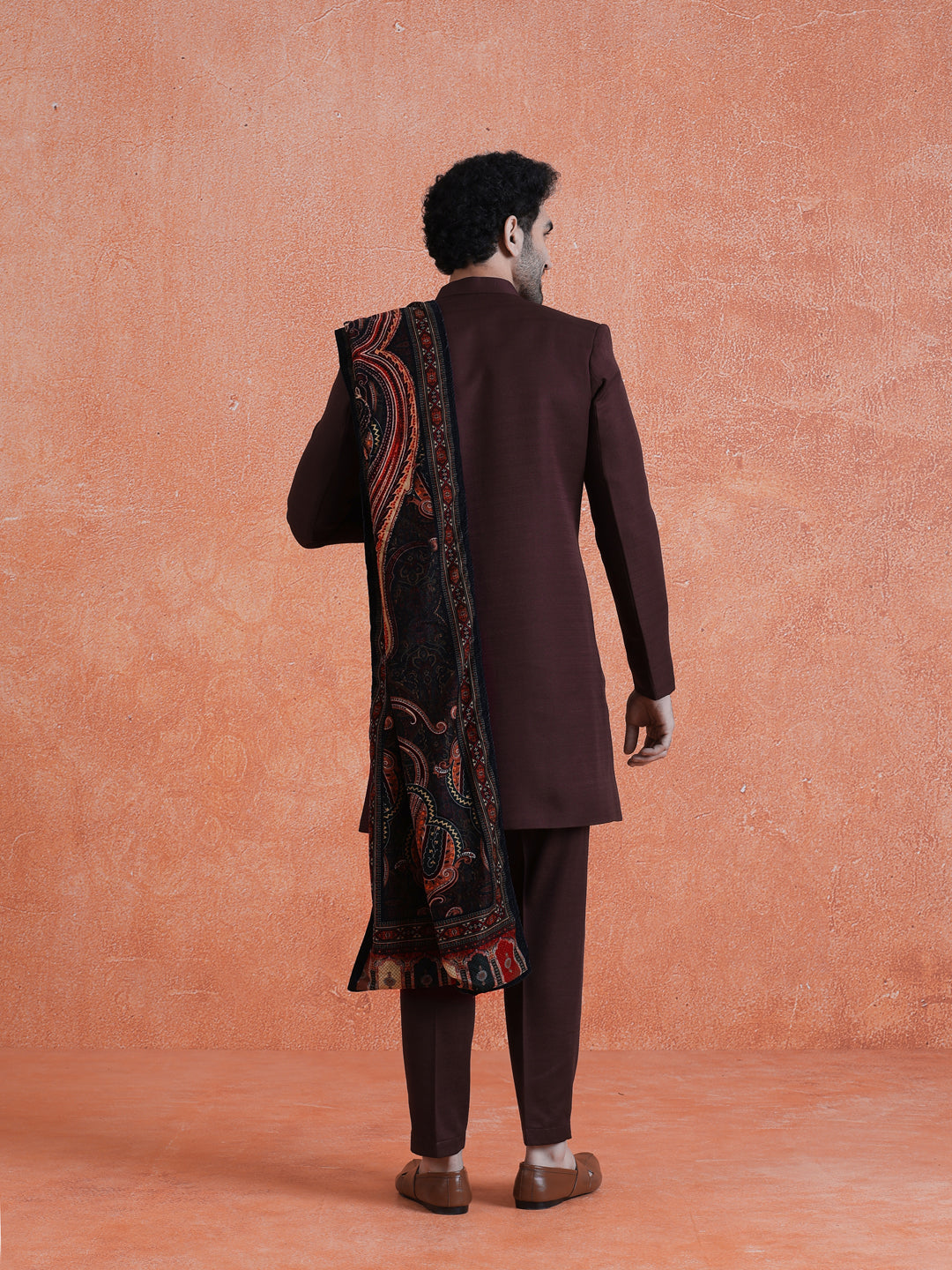 Wine Polyviscose Solid Sherwani Trouser Set With Velvet Dupatta